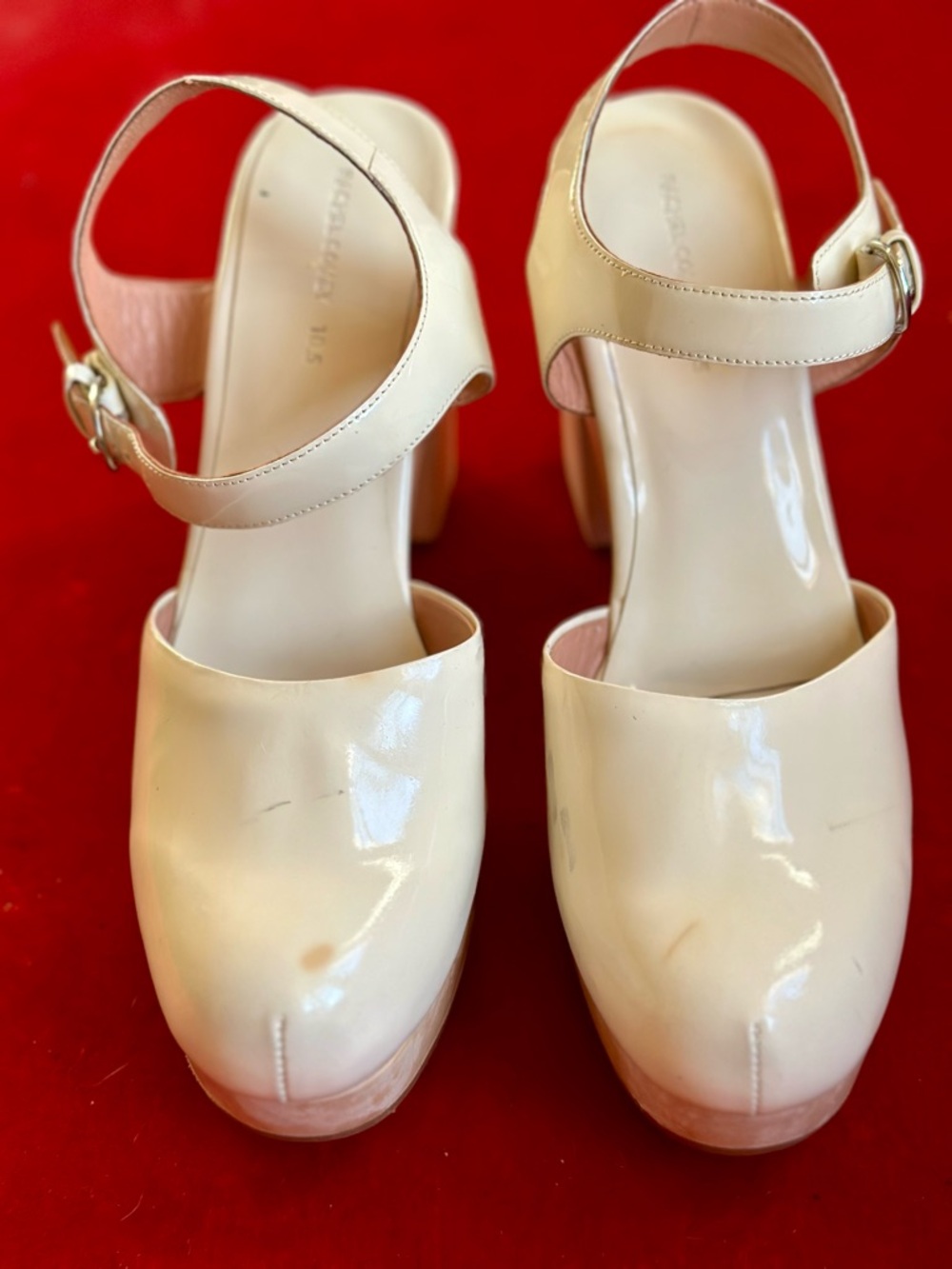 Rachel Comey Dekalb Clog Women Sz 10.5 Beige Patent Leather Wooden Platform Heel